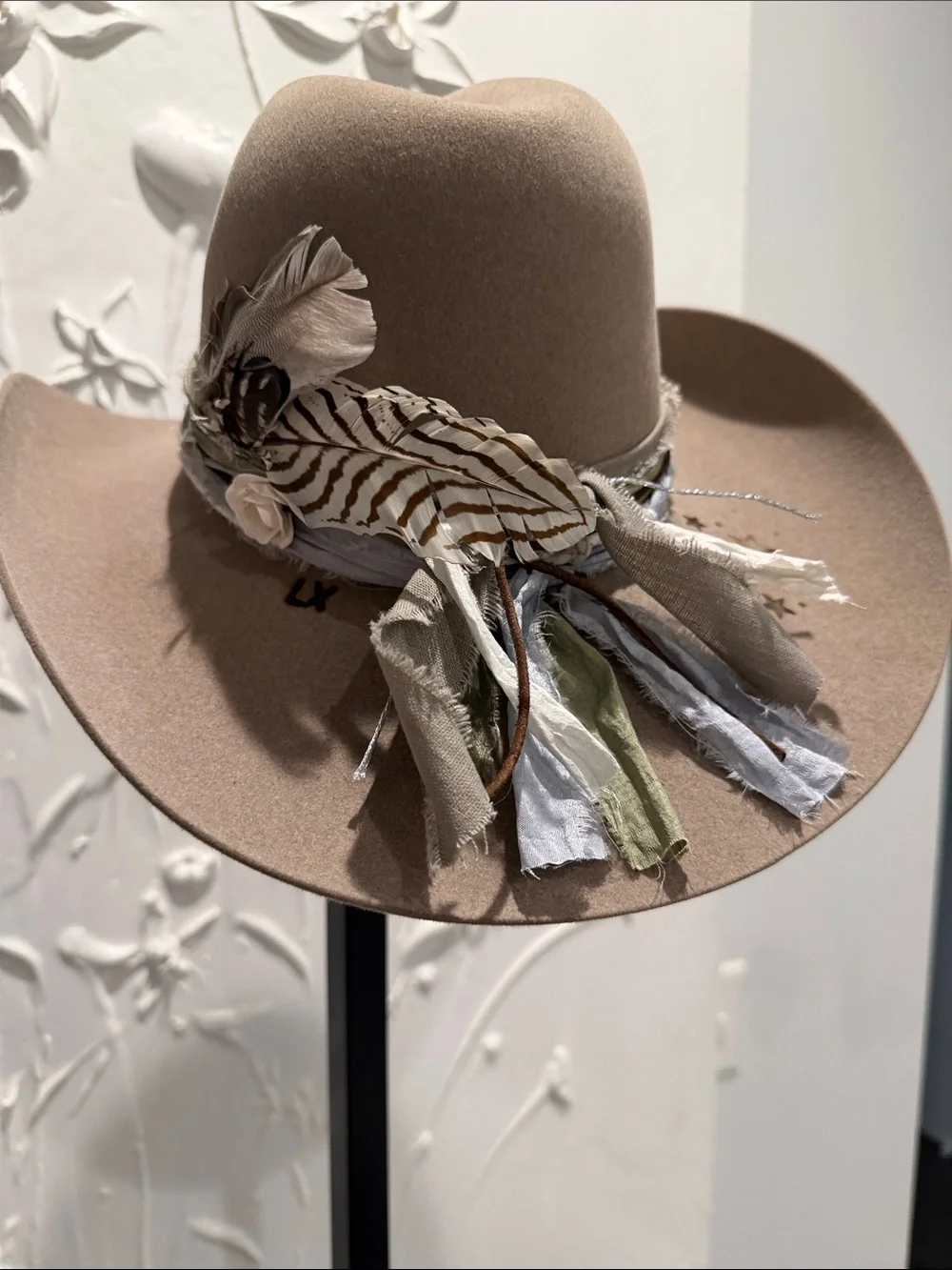 Taupe rabbit  cowboy Hat with Feather and Ribbon Trim